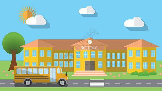 平面设计矢量图的学校建筑和停放的校车在平面设计风格 矢量图城市房子运输课堂公共汽车卡通片阴影尖顶学习旗帜图片