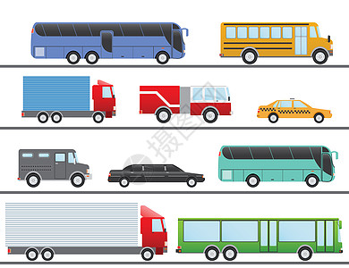 平面设计矢量图城市交通平面图标 卡车 公共汽车 出租车 豪华轿车 消防车和校车汽车宝藏警卫车辆货车旅行发动机力量办公室界面图片