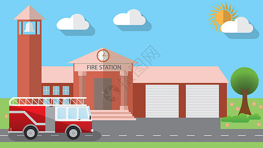 消防站大楼和停靠消防车的简单设计矢量说明 用平板设计风格表示;病媒图示图片