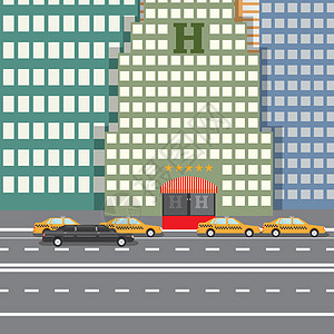 城市旅馆和停泊出租车及轿车 Sityskape的平板设计矢量说明概念办公室房子游客天际旅行天空街道车辆商业汽车图片