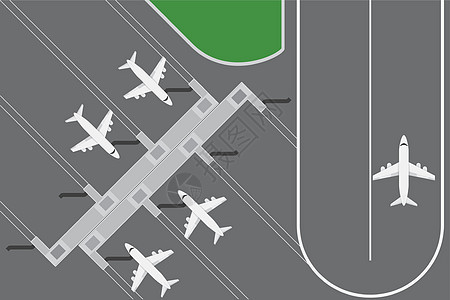 机场建筑的平板设计矢量说明 配有跑道的计划终点站乘客天空喷射商业飞机场飞机城市图表蓝色建筑学图片