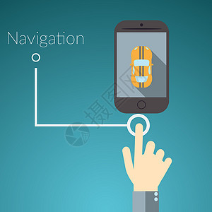 用于在线服务的平面设计矢量说明概念 用车手触摸智能电话 文本符号导航的构想 包括发动机手机力量汽车证书商业运输电子商务金融网络图片