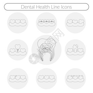 龋齿 牙套系统 植入和其他牙科健康图标集的牙科护理矢量线图标治疗牙疼药品美白电脑卫生椅子口腔科牙齿工具图片