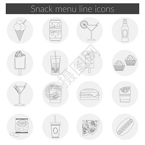 小吃菜单线图标设置矢量插图食物 饮料 咖啡 汉堡包 比萨饼 啤酒 鸡尾酒 快餐 可乐 冰淇淋 薯片 糖果图标与长长的阴影图片