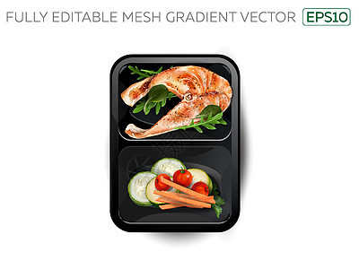 菜盒里有蔬菜的蒸汽鱼营养青菜午餐饭盒包装小吃便当贮存活力饮食图片