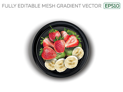 黑盘上沾着鱼和香蕉片的草莓维生素浆果时间盘子奇异果小吃生态营养水果饮食图片