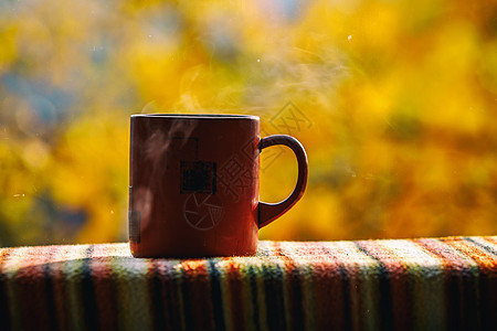 秋天的红咖啡杯咖啡店小册子情绪早餐桌子咖啡窗户食物花园生活图片