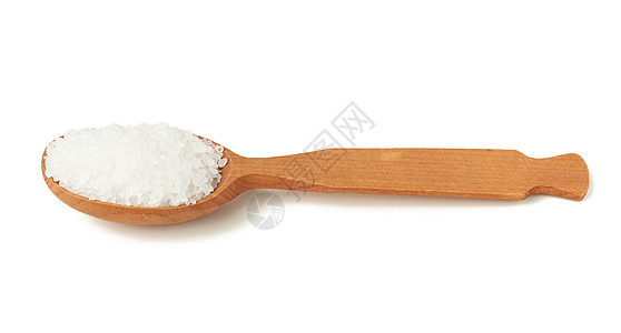 棕色木勺中大片白海盐水晶木头水晶宏观勺子治疗用具厨房白色调味品矿物图片