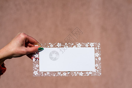 带有装饰花板框架 贺卡的文本空空空空间商业卡片邀请函嘲笑白色长方形印刷矩形小样空白图片