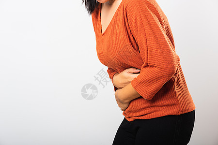 女人肚子痛 手握在腹部和身体上成人腹痛妇科月经痛苦压力阑尾炎疼痛冒号流产图片
