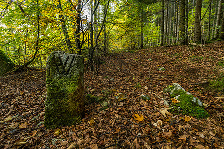 秋天多瑙河谷长途远足道路上的历史里程碑岩石橙子天堂历史性森林公园地标落叶草地石头图片