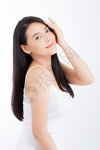 美貌美丽的女人的肖像 化妆品 女性手外科美容青少年身体保健脸颊皮肤治疗卫生护理图片