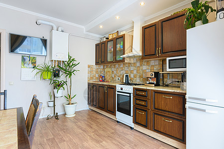 厨房装在一个宽敞的起居室和厨房里 用一个古老的木柴设计图片
