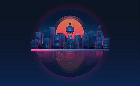 未来城市摘要 未来主题概念背景 矢量和插图 2005年俱乐部建筑学紫色反射复古技术日落海报电脑科幻图片