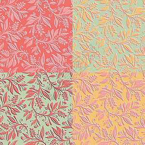 4 Floral无缝图案 有叶子和浆果卡片装饰名片织物珊瑚植物风格插图墙纸手绘图片