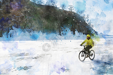 冬季冷冻湖冰上独自骑自行车的男人水彩冒险季节绘画乐趣艺术艺术品旅行背景图片