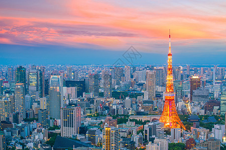 日本城市东京与日本东京塔的东京天际线旅行建筑街道天空办公室地标日落全景市中心旅游背景