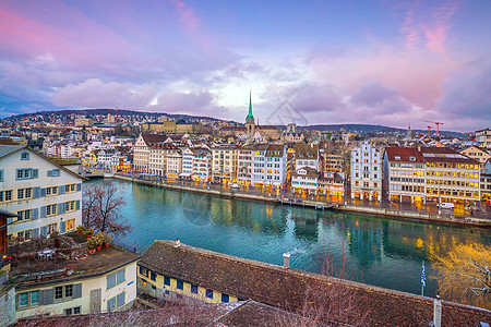 瑞士苏黎世市中心城市景色全景街道景观市中心地标戏剧性教会日落大教堂建筑学图片