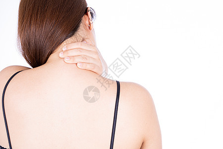 妇女感到精疲力尽 在孤立的白种背景下肩部和颈部遭受疼痛和伤害卫生保健和医疗概念女性痛苦解剖学肩膀药品按摩运动紧张成人男性图片