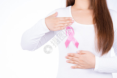 女性胸部上的乳腺癌意识丝带和在白色背景下隔离的自我检查 广告概念的医疗 保健组织风险癌症生活诊断手术考试外科帮助预防图片
