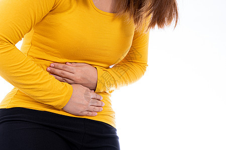 患有胃痛和外伤的妇女与世隔绝的白种背景 保健和医疗概念以及外科腹痛手术病人解决方案胃炎腹部盐水治疗肠炎图片
