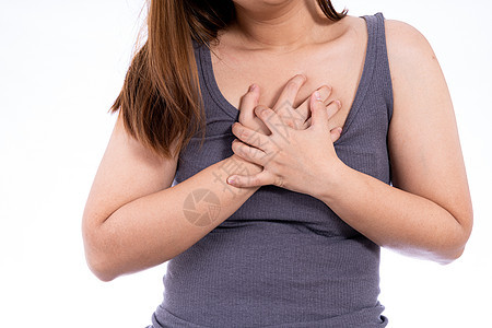 妇女触摸她的心脏或胸部 孤立的白种背景 保健医疗或日常生活概念 以及肺炎肠胃心血管攻击风险压力中风药品哮喘失败图片