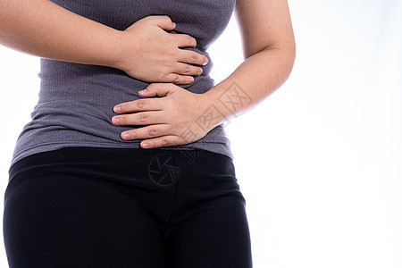 患有胃痛和外伤的妇女与世隔绝的白种背景 保健和医疗概念以及腹痛外科病人手术女性肿瘤盐水胃炎梗阻肠炎图片
