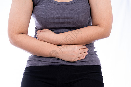 患有胃痛和外伤的妇女与世隔绝的白种背景 保健和医疗概念以及腹痛外科腹部阑尾炎梗阻女士治疗疼痛胃炎疾病图片