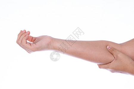女性手握着她肘部孤立的白种背景 医疗 为广告概念提供保健风湿手指痛风神经病肌肉身体伤害痛苦腕骨按摩图片