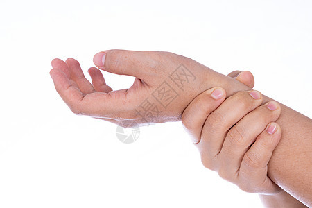 女性握着手腕的手与世隔绝的白种背景 医疗 为广告概念提供保健痛苦按摩治疗身体药品痛风脚气风湿病手指扭伤图片
