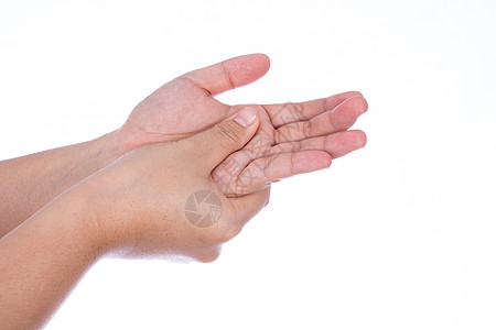 人体手按摩她的手与世隔绝的白种背景 医疗 为广告概念提供保健脚气成人身体理疗手指疼痛软骨手臂疾病解剖学图片