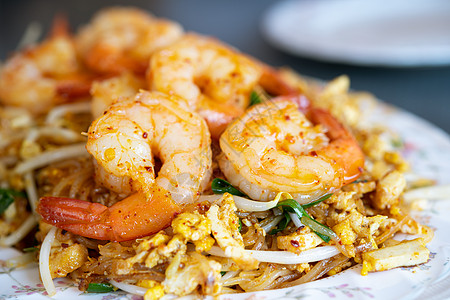 鱼虾炸面条泰式蔬菜烹饪软垫海鲜餐厅对虾午餐盘子美食炒面图片