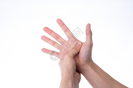 人体手按摩他的手与世隔绝的白色背景 医疗 为广告概念提供保健风湿手指身体神经病理疗风湿病痛风肌肉解剖学腕骨图片