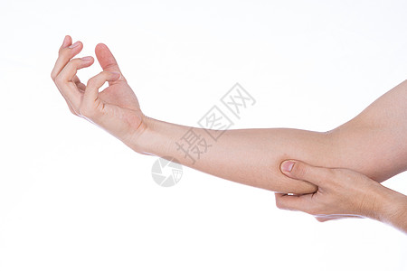 男人握着手肘的孤立白种背景 医疗 为广告概念而提供保健治疗风湿病按摩解剖学手指药品风湿身体手臂腕骨图片