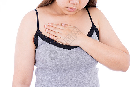妇女触摸她的心脏或胸部 孤立的白种背景 保健医疗或日常生活概念 以及疾病酸度肠胃肺炎攻击心肌心血管失败胸肌哮喘图片