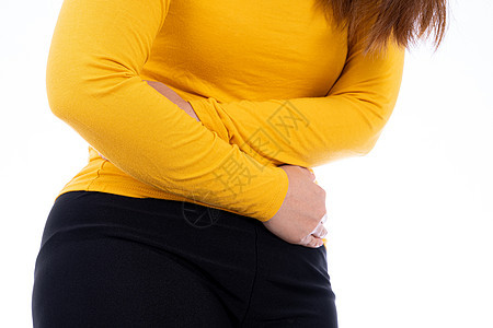 患有胃痛和外伤的妇女与世隔绝的白种背景 保健和医疗概念以及盐水疼痛梗阻肠炎腹痛解决方案癌症外科胃炎女士图片