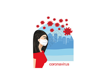 Corona病毒流行 年轻女性性格佩戴防护服微生物女孩城市疾病细菌怪物病原卡通片女士面膜图片