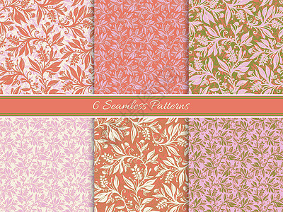 6套香花无缝模式 珊瑚 奶油 粉红颜色有叶子和浆果植物森林艺术插图花卉绘画墙纸打印织物包装图片