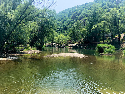 小河在山边的森林中流淌农村旅游场地反射植物森林公园树木苔藓阳光图片