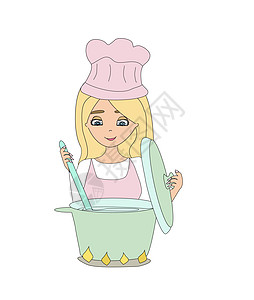 美少女烹饪汤 涂面图勺子女性职业胡椒食物双手工作服夹克服务插图图片
