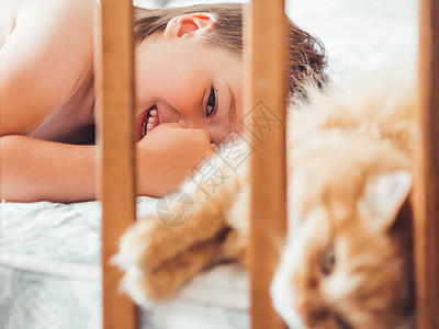 托德和可爱的姜猫躺在床上 小男孩在笑哺乳动物瞌睡苗圃友谊毯子过敏幸福婴儿宠物动物图片