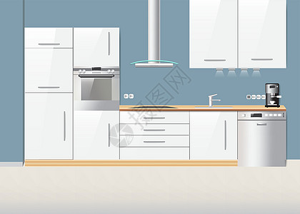 厨房木板室内有白色厨房 带有设备概念矢量插画