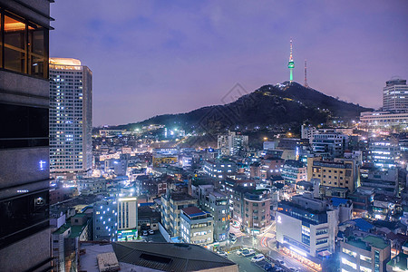 首尔和南山首尔塔 韩国的城市景观夜景场景游客市中心首都天空日落天际爬坡旅行公园图片