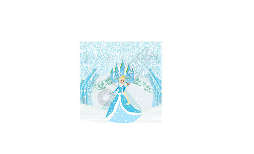 与城堡和美丽的公主一起的冬季风景村庄卡片降雪蓝色季节魔法女王微笑动物庆典图片
