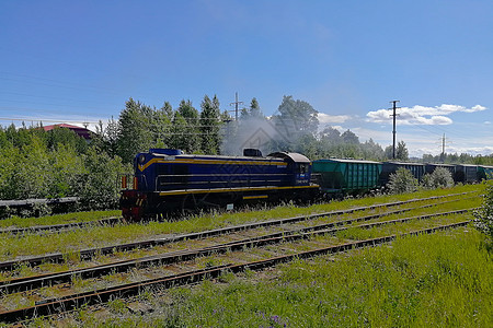 铁路上的蓝色柴油机车 西伯利亚泰加平台乘客过境船运内燃机车交通货物旅行金属引擎图片
