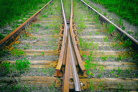 铁路的叉口 前视线 森林图片
