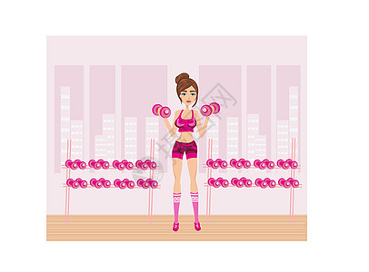 在健身锻炼中运动的漂亮女孩哑铃肌肉健身房卡通片力量重量女性运动装插图女孩图片