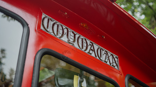 Coyoacan 在一辆红色特罗莱车上签字 底座上有布卢利树阳光服务乘客老爷车电车运输街道国家民众树木图片