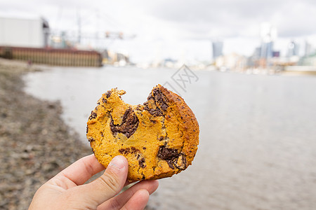 手握着一个饼干饼干和布卢里河作为背景的图片