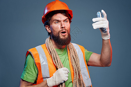 男子工作建筑论坛橙色头盔安全努力工作胡子衬衫承包商矿工职业帽子活力工人劳动者男性图片